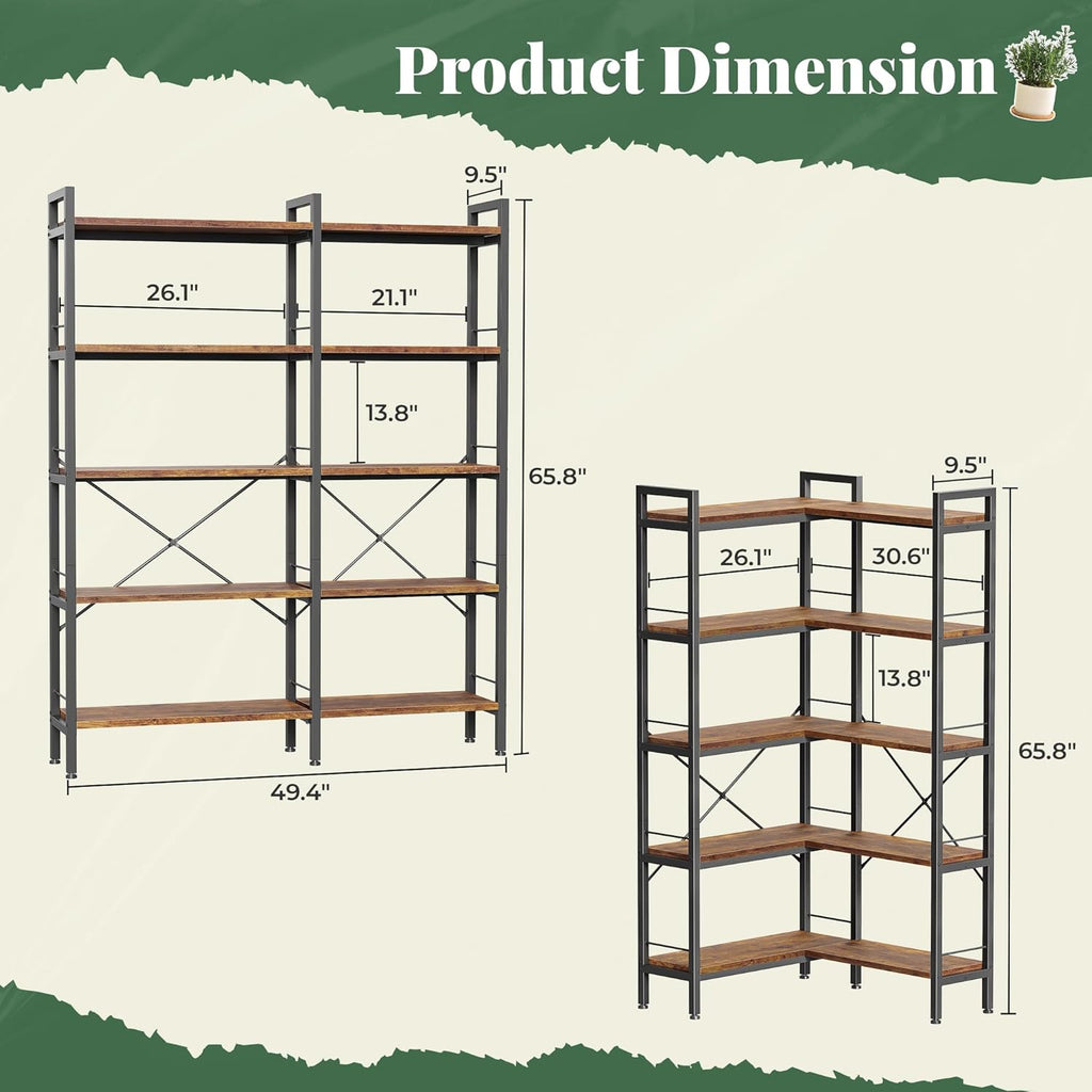 5 Tier Bookshelf, L Shaped Corner Bookshelf with 10 Open Shelves