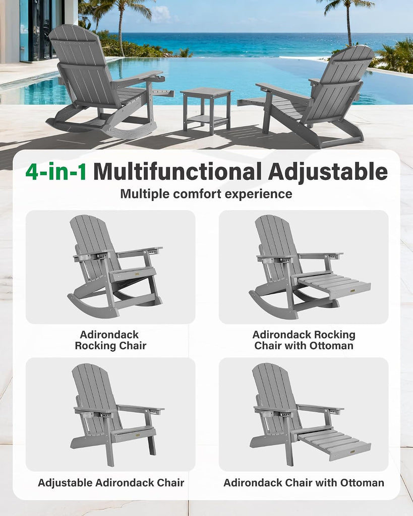 Adirondack Rocking Chairs, Adirondack Chair with Footrest, Grey | 5- Level Adjustable Backrest, Retractable Ottoman &