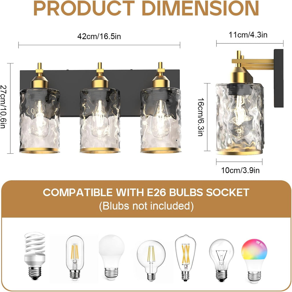 3-Light Bathroom Vanity Light Fixtures, Modern Bathroom Lighting Fixtures Over Mirror with Golden Wave Glass