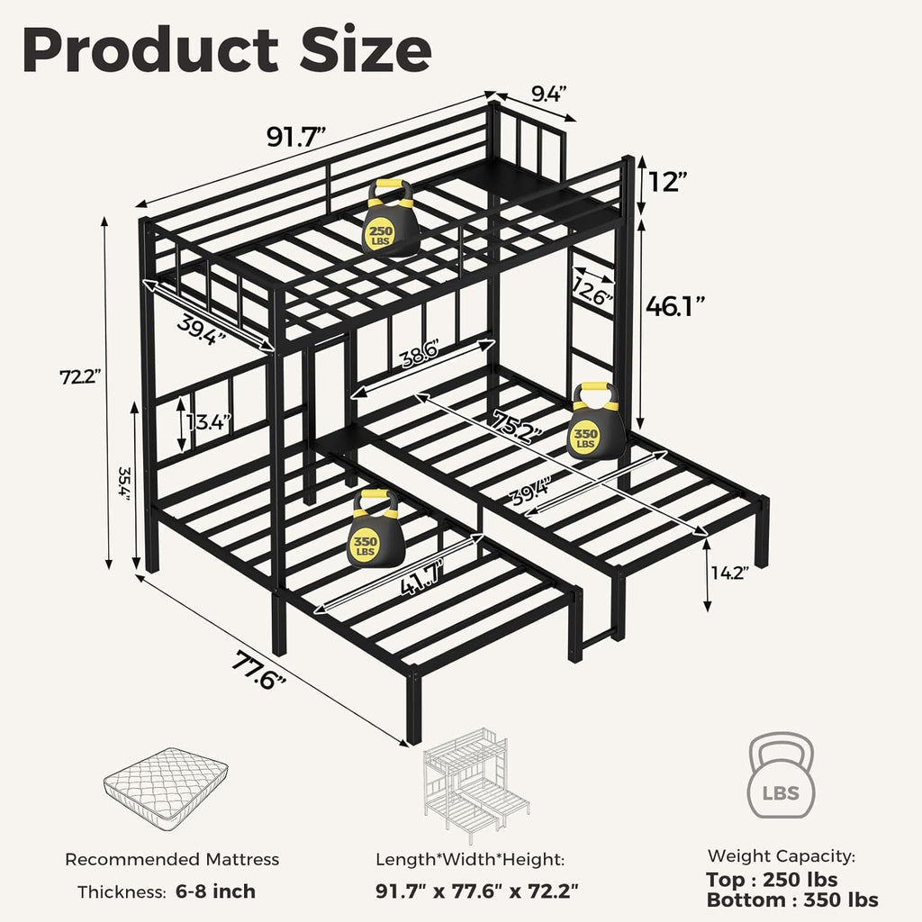Heavy Duty Triple Bunk Bed for 3, Twin Over Twin Over Twins with Guardrails and Ladder, Metal Bunk Bed