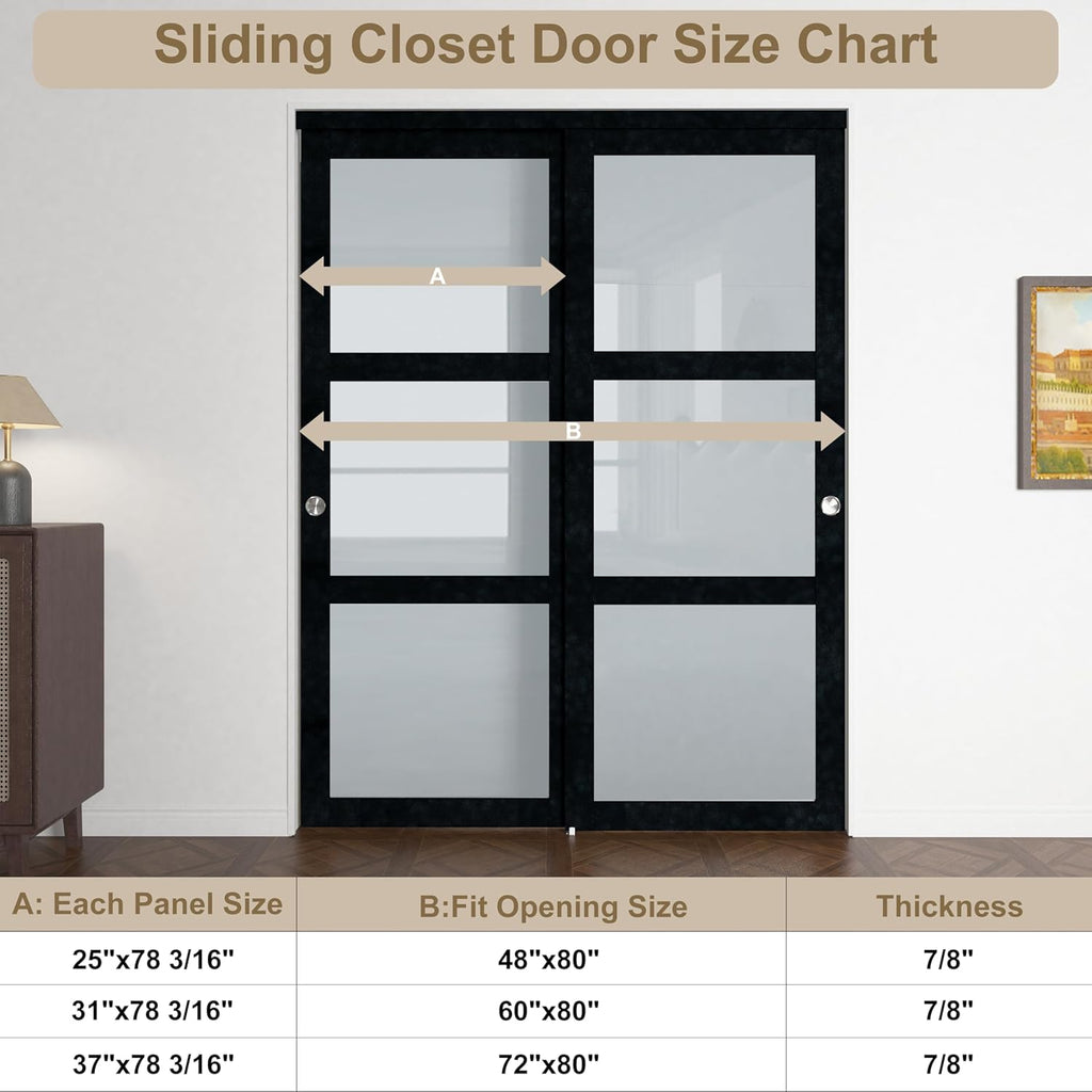 72x80 Sliding Closet Door, 3-Panels Preassembled Frosted Glass Door Panel with Hardware Kits & Match