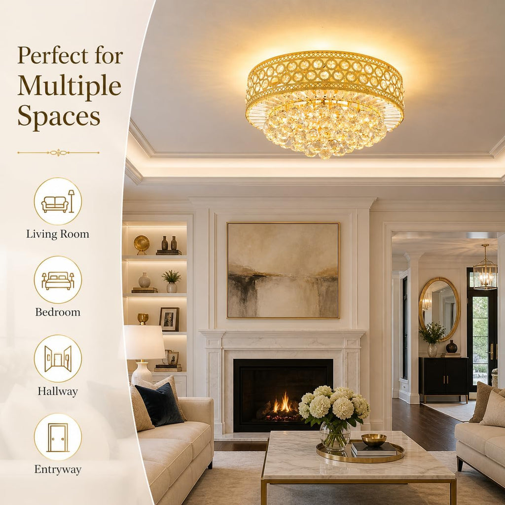 Luxury Crystal Ceiling Light Fixture, 20 inch Flush Mount Chandelier, Modern Round K9 Crystal Ceiling Light for