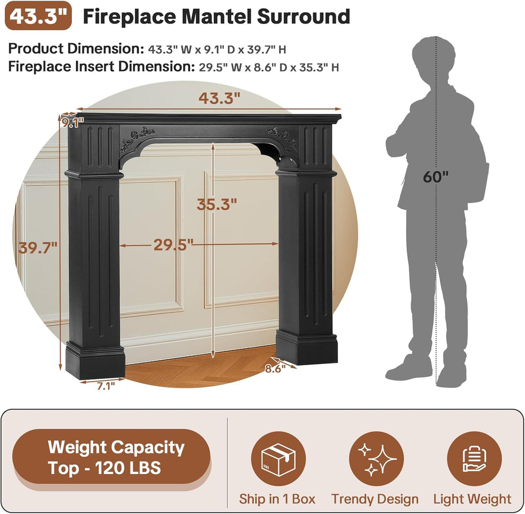 Rustic Black Freestanding, Modern Painted Fireplace Surround with Mantel for Living Room, Grade A MDF Mantel