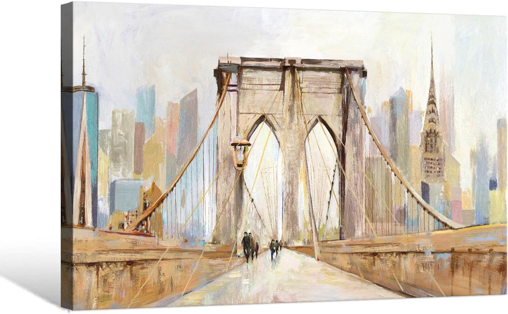 Brooklyn Bridge Wall Art New York City Skyline Painting Modern Abstract Cityscape Framed Artwork Large Canvas Ready