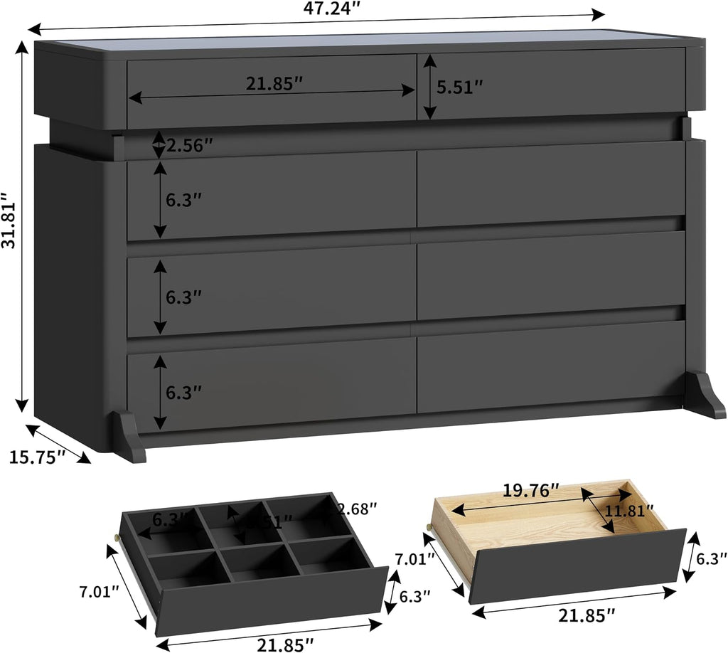8 Drawer Dresser with LED Lights, Black Dresser with Glass Top Modern Chest of Drawers for Closet Modern Double Wide