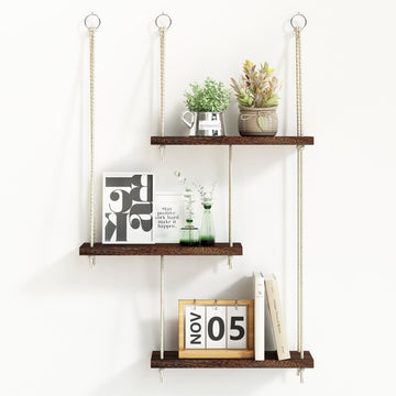 Hanging Shelves for Wall, 3 Tier Boho Wall Decor Hanging Plant Shelf Floating Shelves Rope Rustic Wood Organizer