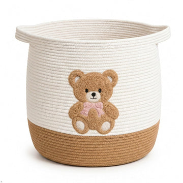 Teddy Bear Nursery Basket, Cotton Rope Baby Laundry Hamper with Handles