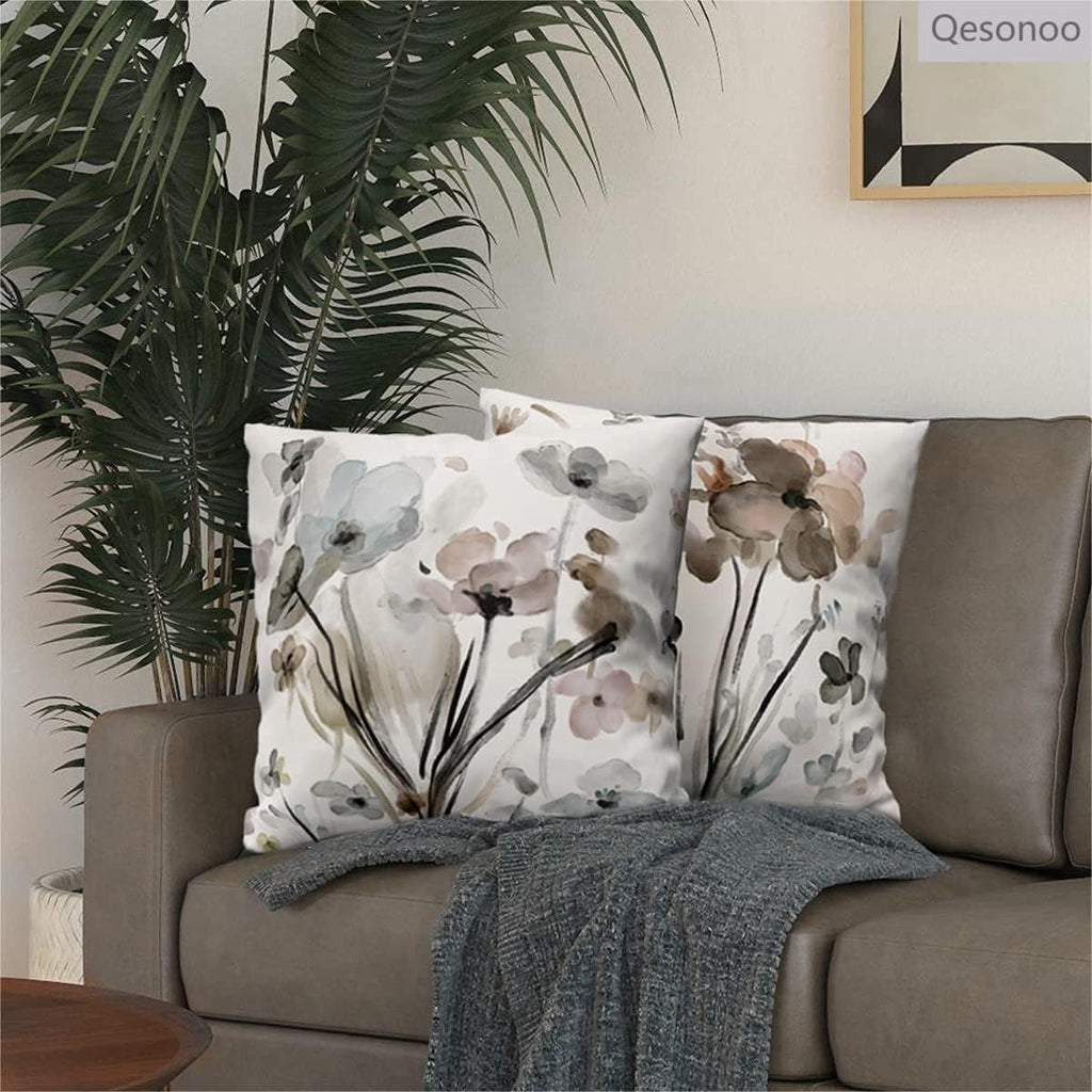 KKVEE Flower Throw Pillow Covers 18x18 Set of 2, Flowers Pillow Cushion Cases, Modern Decorative Square Pillowcases