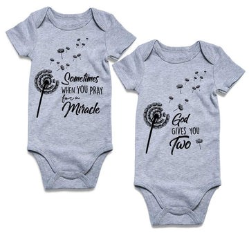 2Pcs Child Baby Boy Girl Unisex Funny Romper Sometimes When You Pray for A Miracles God Gives You Two Twins Short