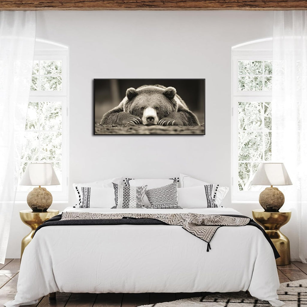 Grizzly Bear Wall Art Brown Animal Canvas Print with Black Floater Frame Rustic Woodland Decor Bedroom Cabin