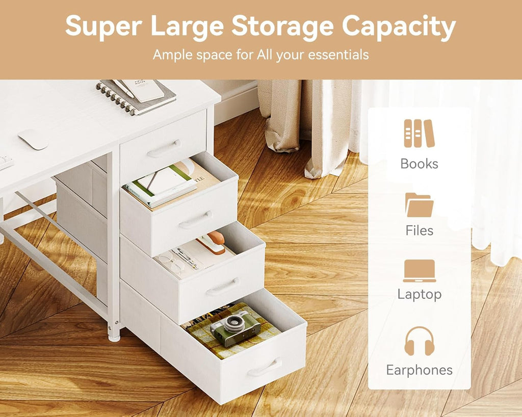 48 Inches Computer Desk with 8 Fabric Drawers, Modern Office Desk with Large Storage, Study, White