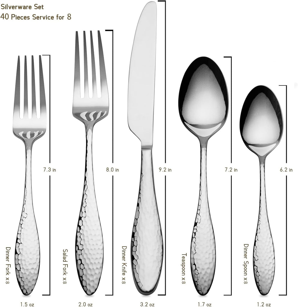 Emma 40-Piece 18/10 Silverware Set, Hammered Flatware Set, Heavy Duty Stainless Steel Cutlery Set