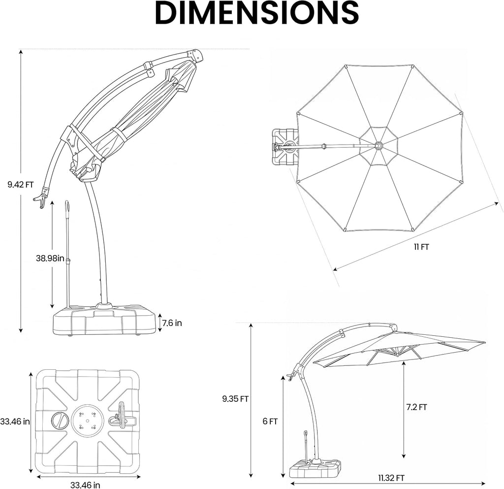 9-11FT Offset Cantilever Umbrella with 350LBS Wheeled Base Included | 360-degree adjustment, Aluminum & iron fra - RYHH