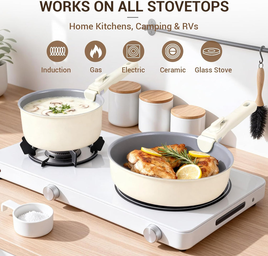 18-Piece Ceramic Pots and Pans Set Non Stick, Non Toxic Cookware Set with Removable Handles, Pot Sets for Cooking