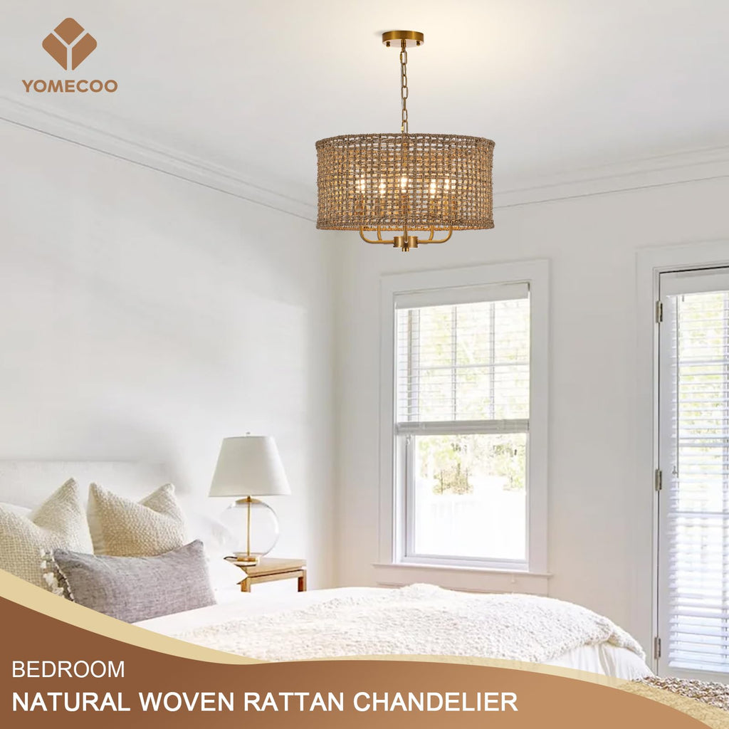 19.7" Gold Rattan Chandelier, 5-Light Boho Wicker Light Fixture