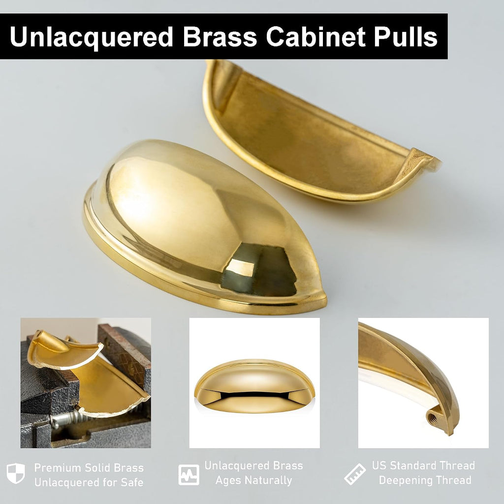 5-Pack Unlacquered Brass Cabinet Cup Pulls, Gold Bin Cup Drawer Dresser Handles, 3-Inch Hole Center, Kitchen Cupboard