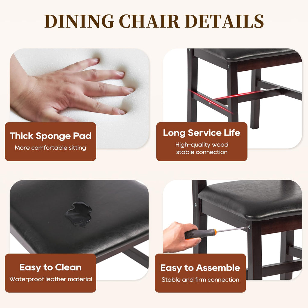 5-Piece Solid Wood Dining Table Set for 4 | Brown | Space-Saving Design | Smooth Easy-to-Clean Surface | Pine Kitchen
