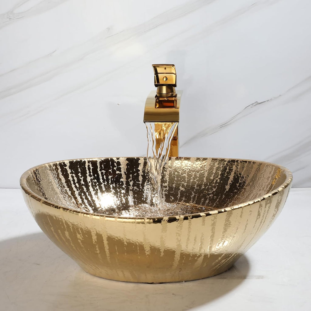 Gold Ceramic Bathroom Vessel Sink with Faucet and Drain Combo Bowl Above Counter Vessel Sink Oval for Modern Luxury