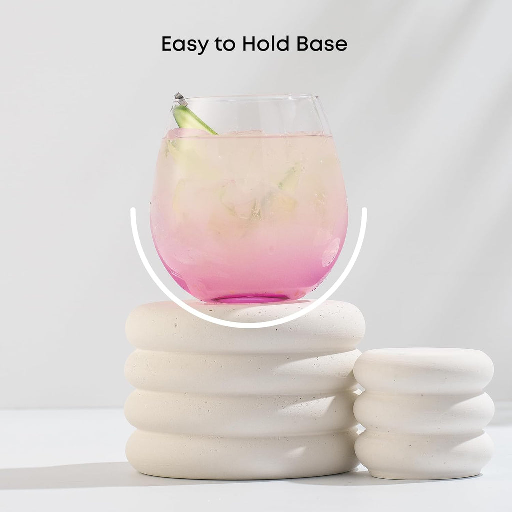 Hue Stemless Wine Glass Set, Large 15 oz Stemless Wine Glasses Set of 6 for White Red or Water, Short Glass Tumblers