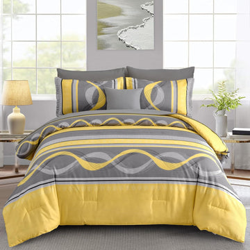 Yellow Comforter Set, 8 Pieces Bed in a Bag Patchwork Striped Bedding Sets, Boho Soft Microfiber Bedding