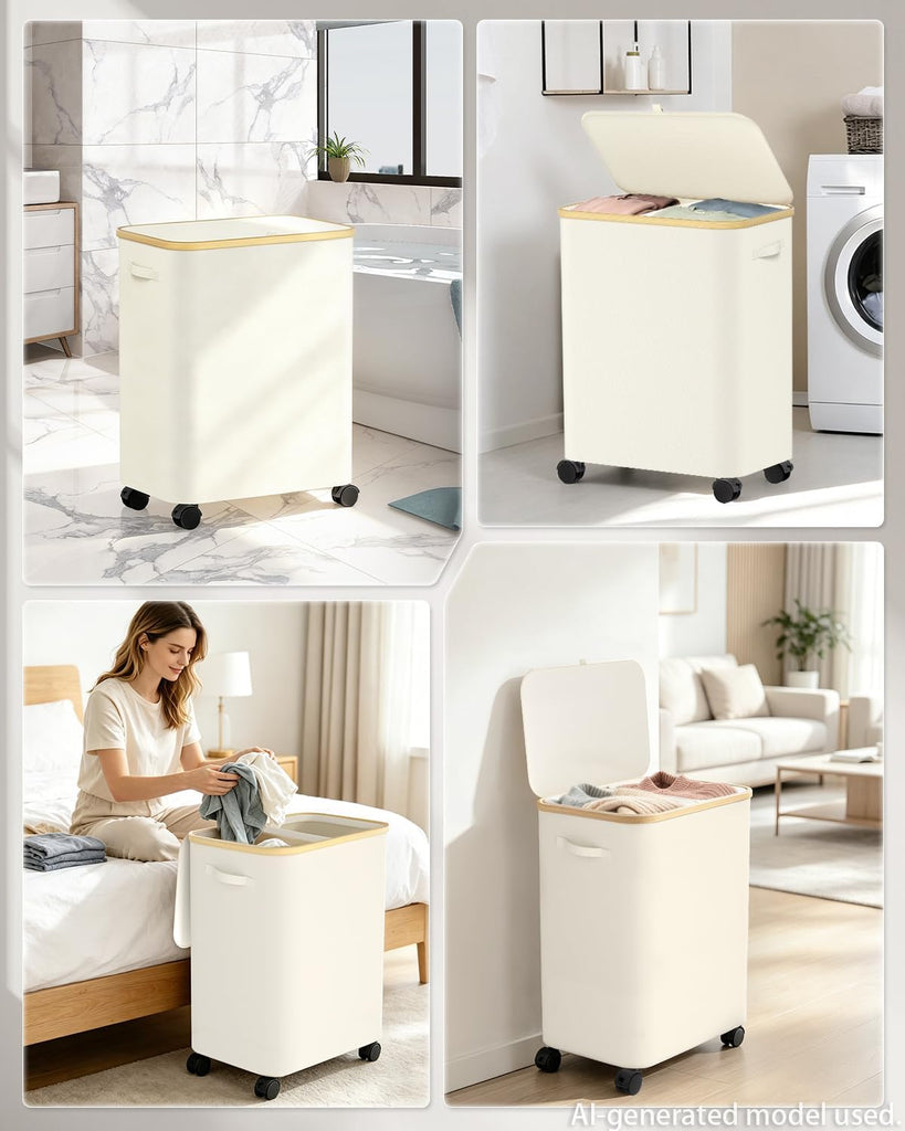 Double Laundry Basket with Wheels and Lid, 150L Clothes Hampers for Laundry | Large Laundry Hamper with 2 Sections &