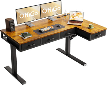 55 Inch L Shaped Electric Standing Desk with 4 Drawers, Rustic Brown | Reversible Corner Table, Office Desk With 4