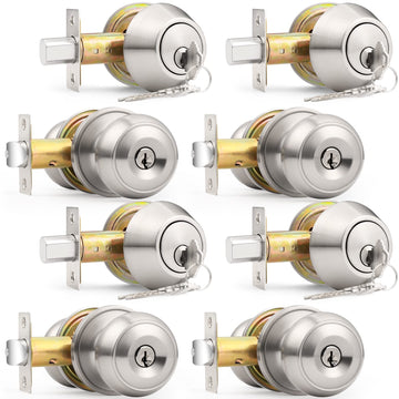 Entry Door Knob and Double Cylinder Deadbolt Lock Combo Set, Keyed Alike, Satin Nickel, Set of 4