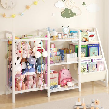 B1 Kids Bookshelf and Toy Storage, Book Shelf for Kids Rooms White | 3-Tier Sling Baby Bookcase with Stuffed Animal