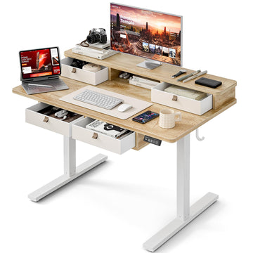 Electric Standing Desk with Four Drawers, Sit to Stand Up Height Adjustable Desk with Storage Shelf, 47 * 28 Inch
