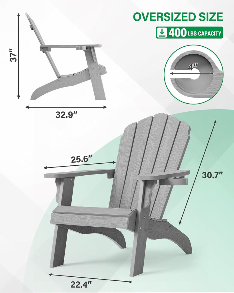 Oversized Adirondack Chair with Cup-Holder - Grey | Heavy Duty Poly Lumber Outdoor Fire Pit Chair, Weather Resistant