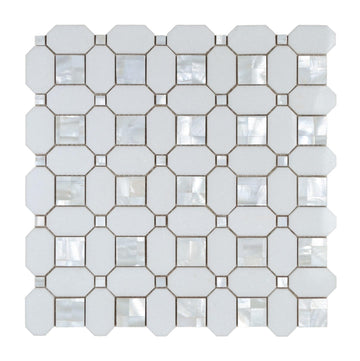 Thassos White Marble Octagon Mosaic Tile with Mother of Pearl Inlay - Polished Marble & Pearl Tile Backsplash