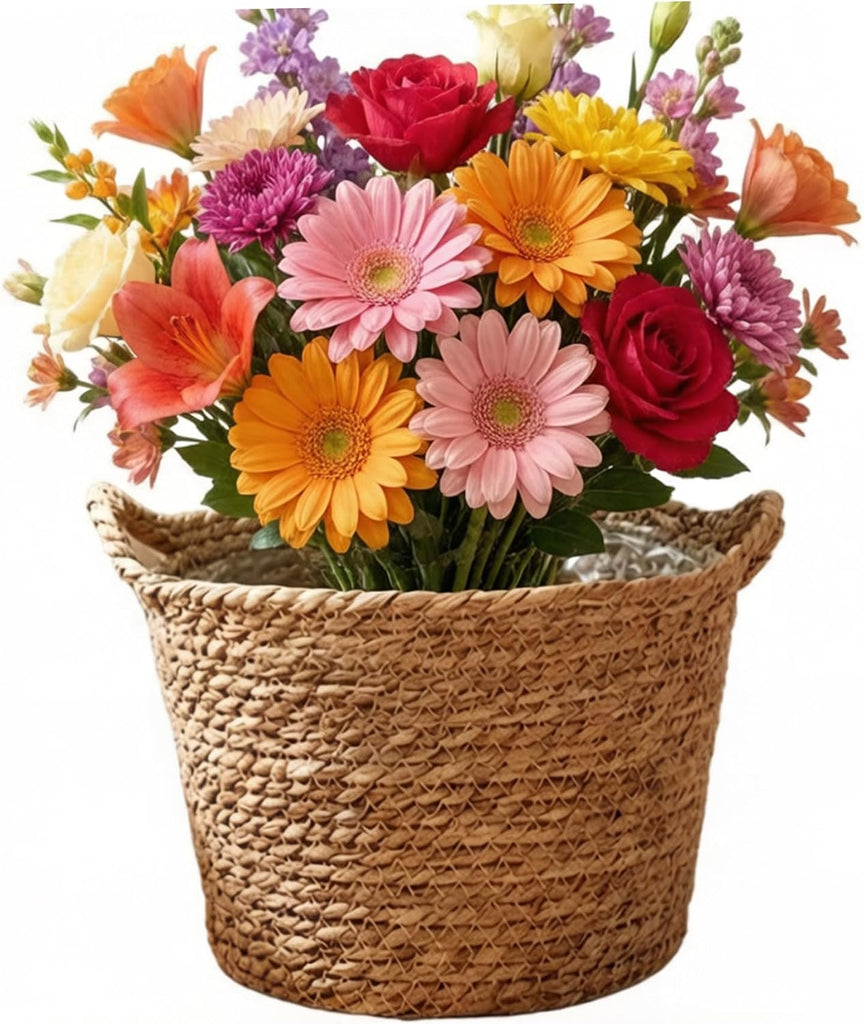 Wicker Blanket Basket, Decorative Round Seagrass Basket with Woven Handles, Planter Pot , Floor Standing Storage