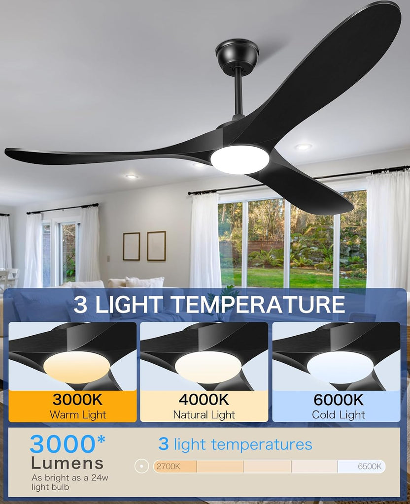 Inspired Maverick Style Ceiling Fans with Lights and Remote, 3 Solid Wood Blades, Outdoor Wooden Ceiling Fan with 2 Downrods for Patios, 60 Inch Modern Ceiling Fan with Noiseless Reversible DC Motor (Black)