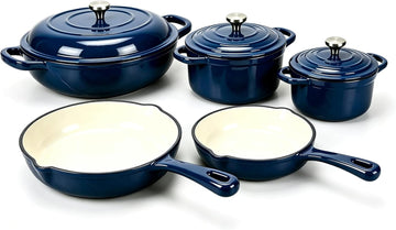 5-Piece Navy Blue Enameled Cast Iron Cookware Set | Includes 8" frying pan, 10" skillet, 2.8QT and 3.5QT Dutch ovens