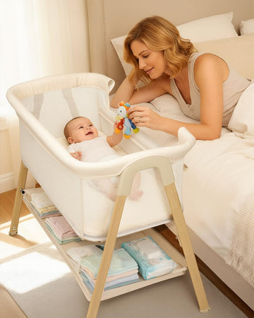 Bassinet, Bedside Bassinet for Baby | Bassinet Bedside Sleeper with Mattress, Storage Basket and 4 Auto-Lock Wheels