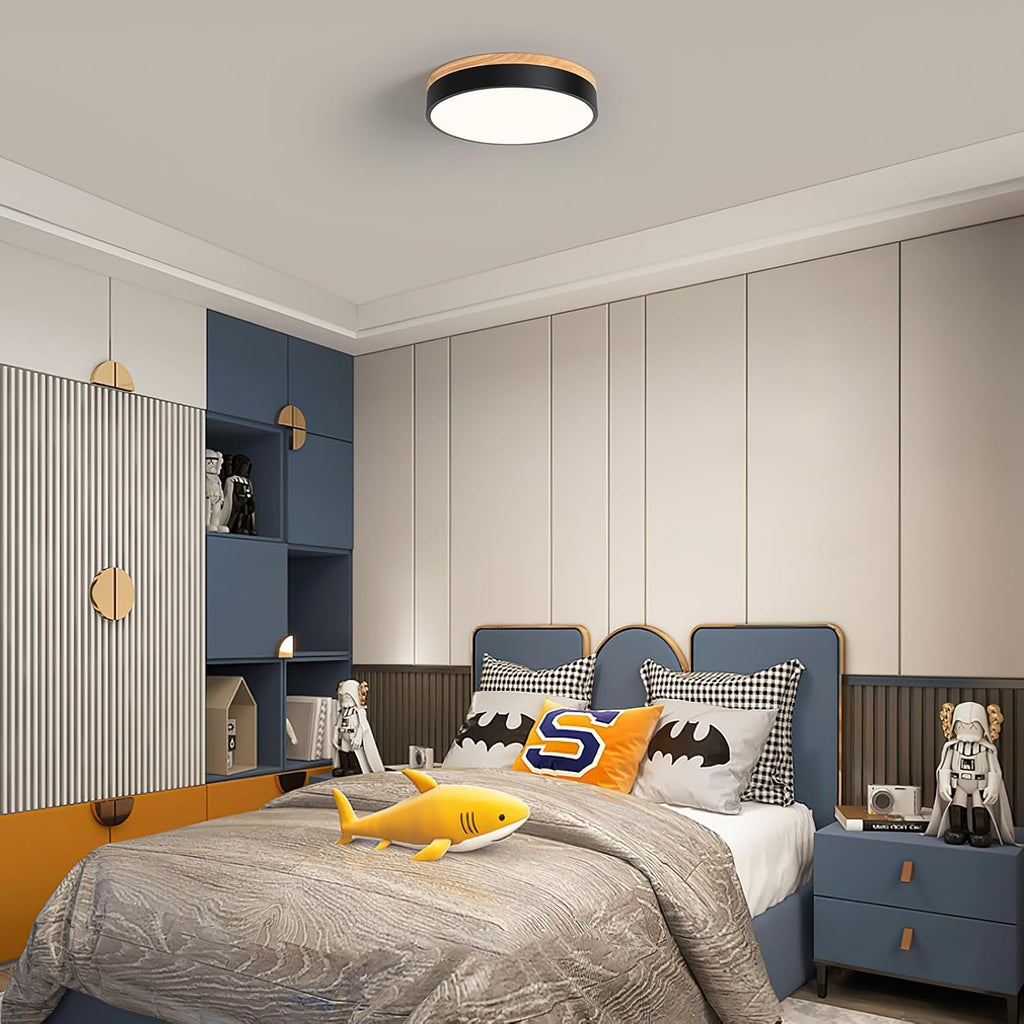Dimmable Wood Flush Mount Ceiling Light Modern Black LED Ceiling Light Fixture 2700K-6000K Minimalist Round Close to