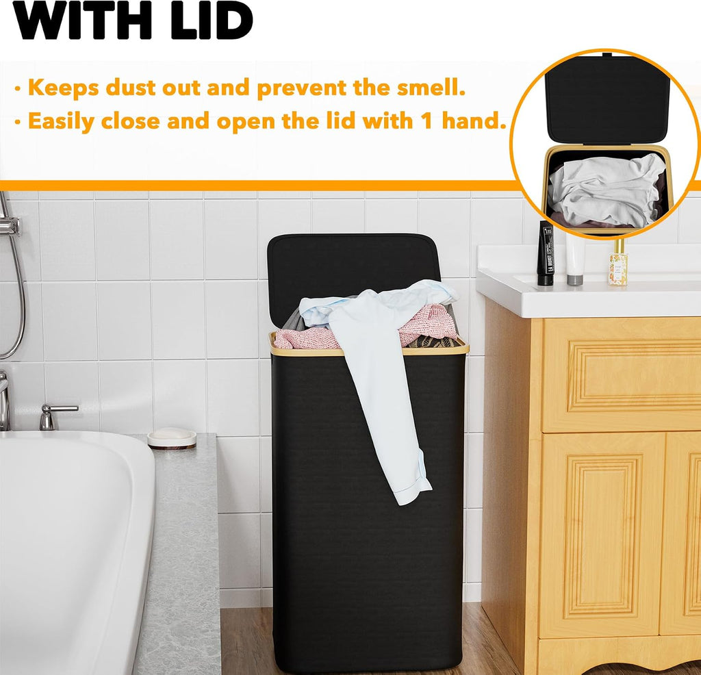 Laundry Hamper with Lid, 110L Large Tall Clothes Basket Bin with Bamboo Handles, Collapsible Laundry Hamper , Laundry