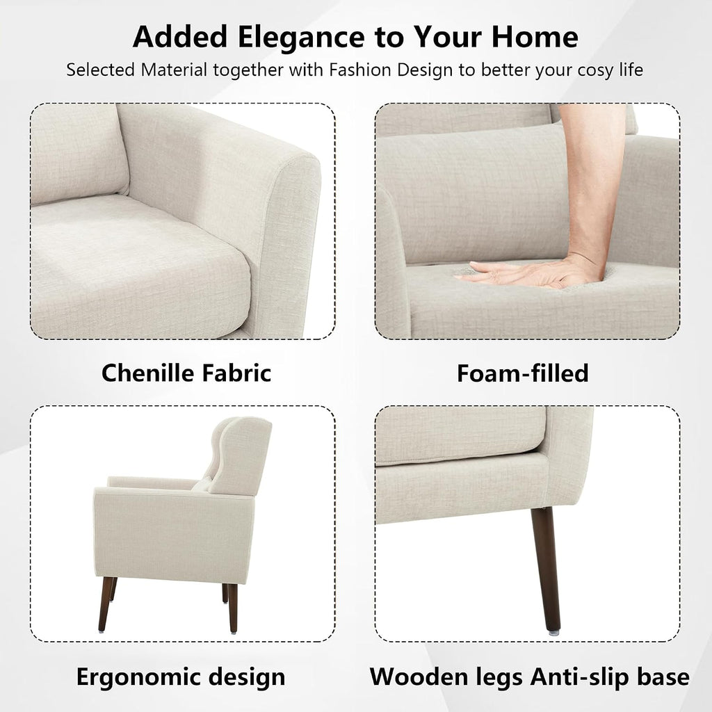 Modern Accent Chair Chenille Fabric Upholstered Tufted Side Wingback Chair,Mid Century Reading Armchair with Waist
