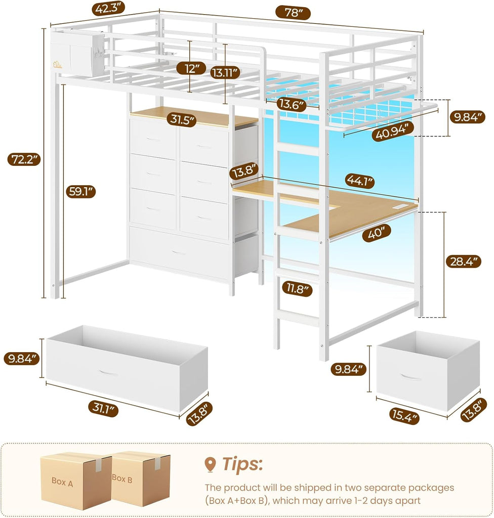 Twin Loft Bed with L-Shaped Desk and 7 Storage Drawers,Metal Twin Loft Bed for Kids with LED Lights and Charging