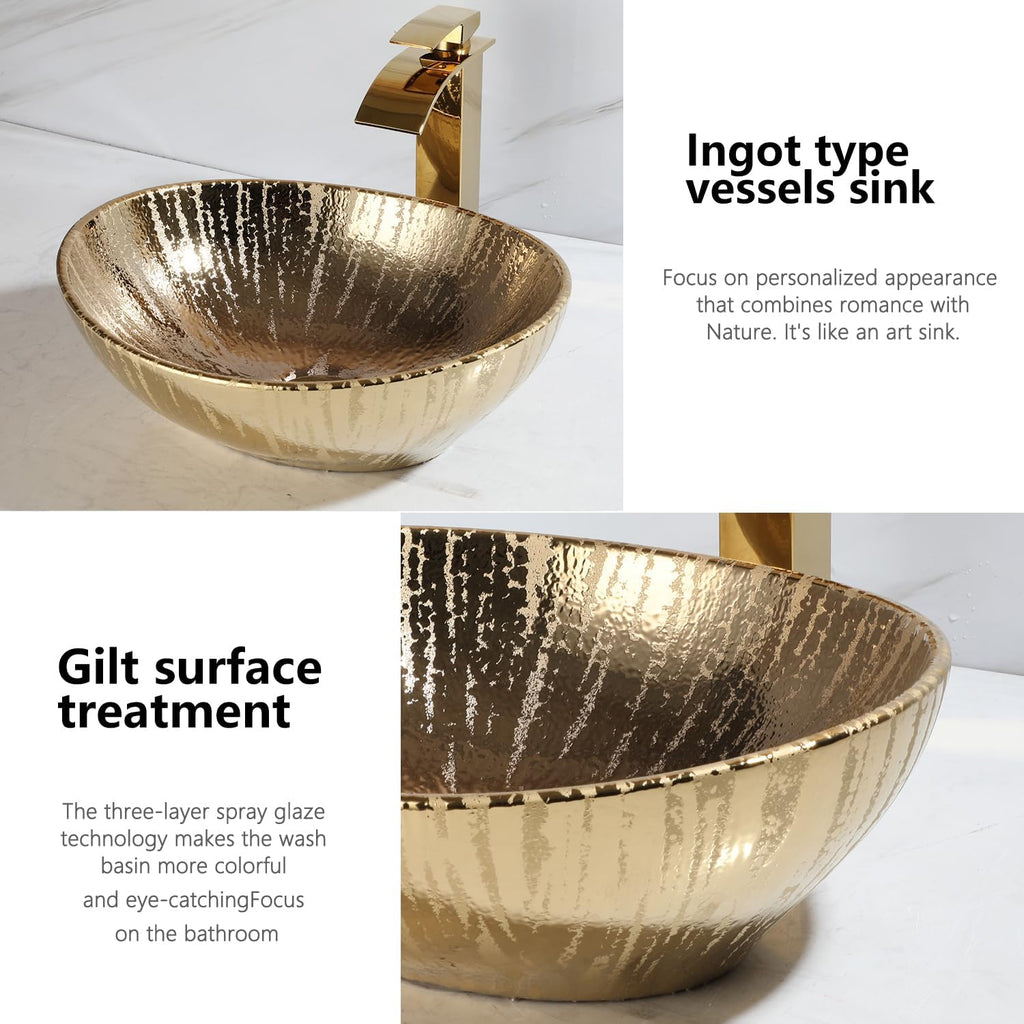 Gold Ceramic Bathroom Vessel Sink with Faucet and Drain Combo Bowl Above Counter Vessel Sink Oval for Modern Luxury