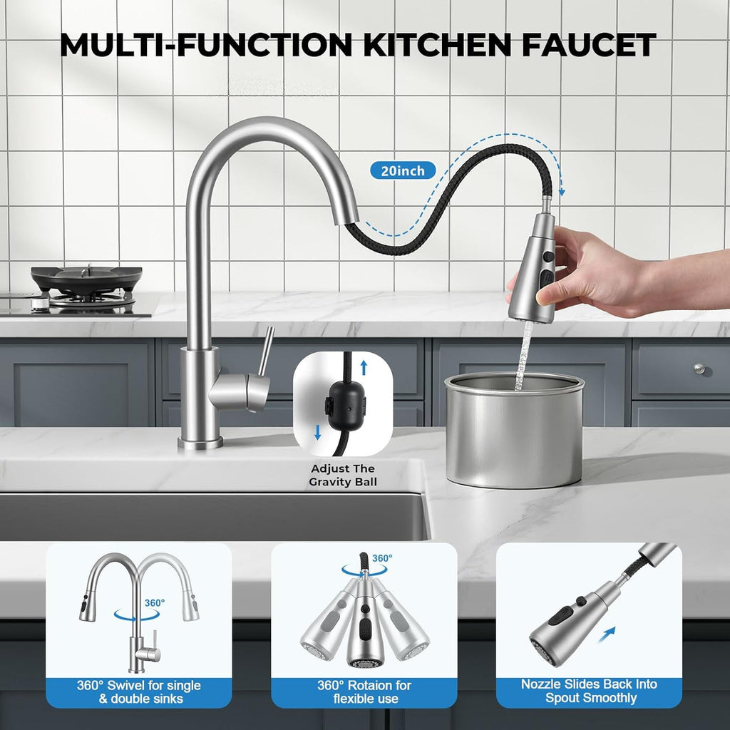Kitchen Faucet with Pull Down Sprayer, VFAUOSIT Lead-Free Kitchen Sink Faucet Brushed Nickel Stainless Steel High Arc