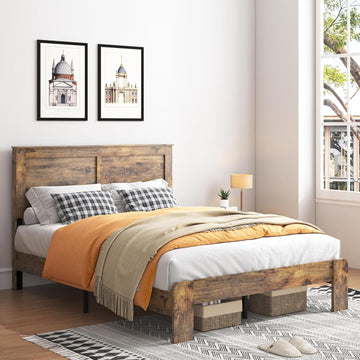 Wood Queen Bed Frame with Headboard, Rustic Farmhouse Platform Bed Frame with 12 Wood Slats Support, No Box Spring