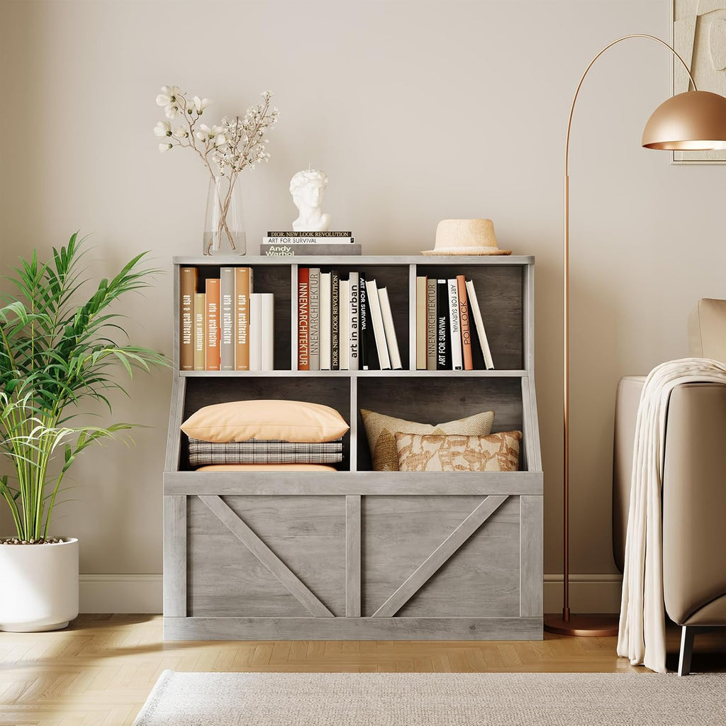Kids Bookshelf and Toy Storage, Kids Toy Storage Organizer, Washed Grey | Toy Organizer with Storage Cabinet and
