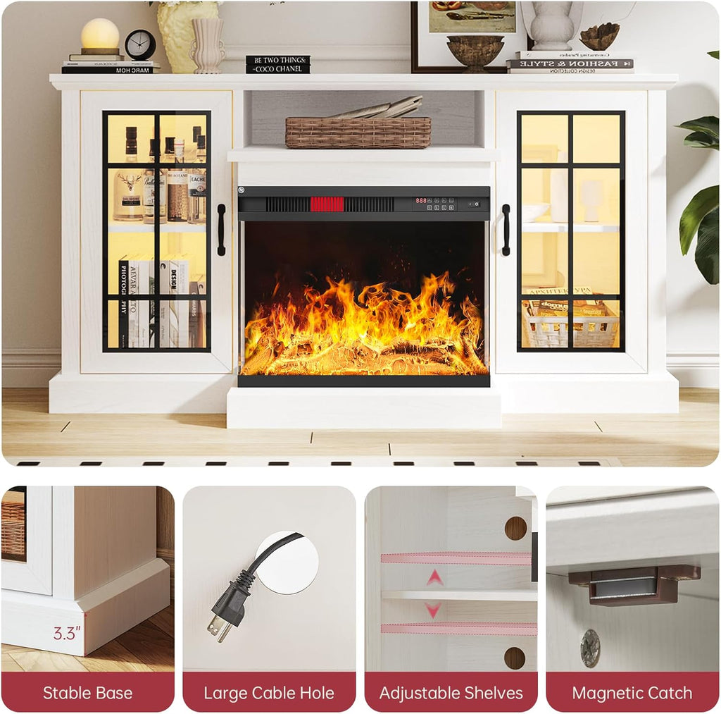 59'' Fireplace TV Stand, 3 Sided Glass Media Entertainment Center Console Table for TVs up to 65'' with Glass Door Adjustable Flame LED Color for Living Room, Set of TV Table, White
