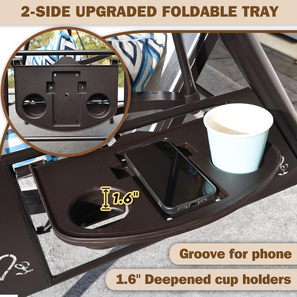 3 Person Patio Swing Outdoor Swing for Adults with Adjustable Canopy &Upgraded Cup Holders Textilene Fabric Porch