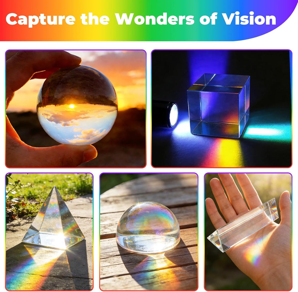 7 Pack K9 Optical Crystal Photography Prism Set, Include 1-4in Triangular Prism, 2in Crystal Glass Prism Cube