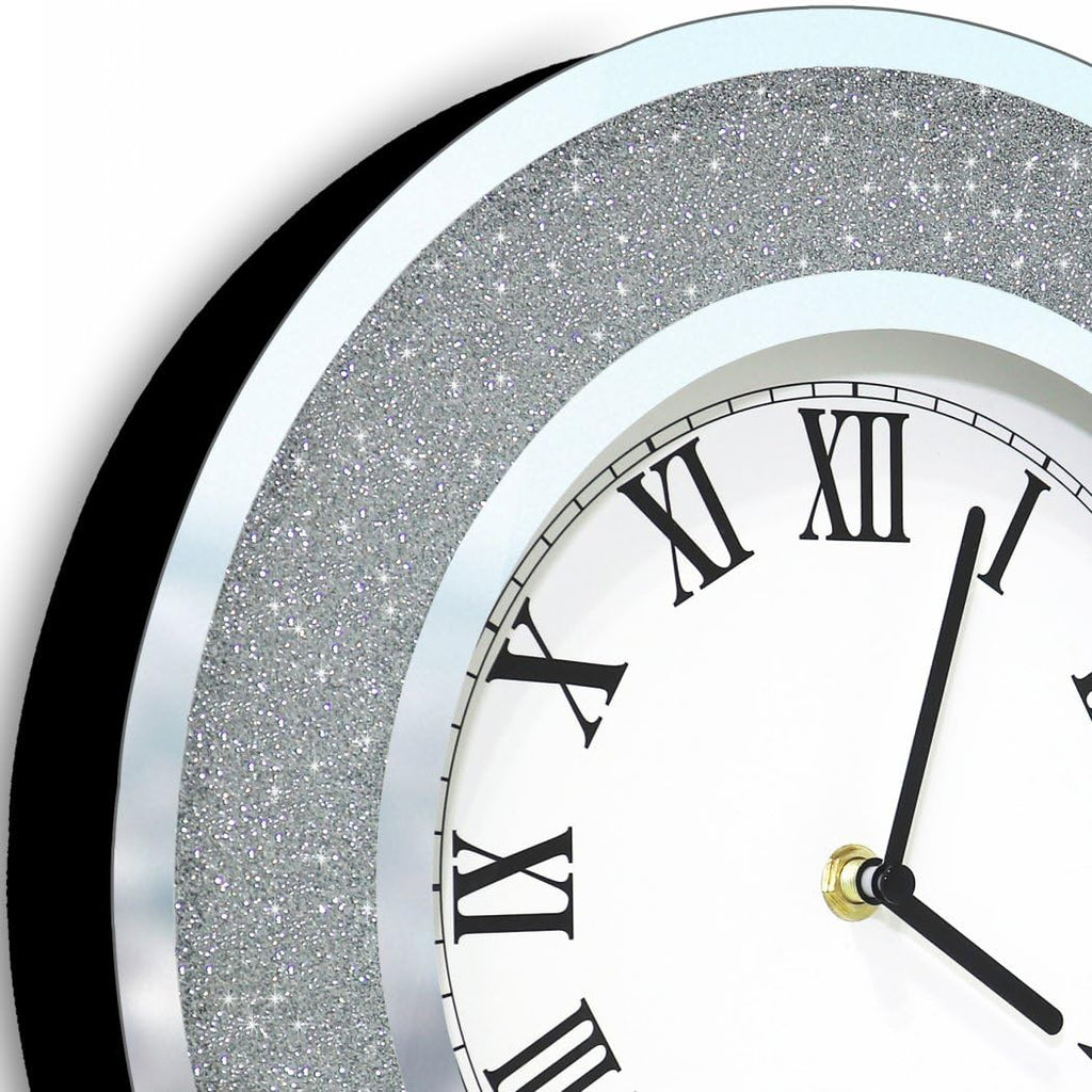 Bling Silver Round Mirror Clock 12inch. Glam Sparkle Twinkle Shining Mirrored Wall Clock for Wall Decoration Silver