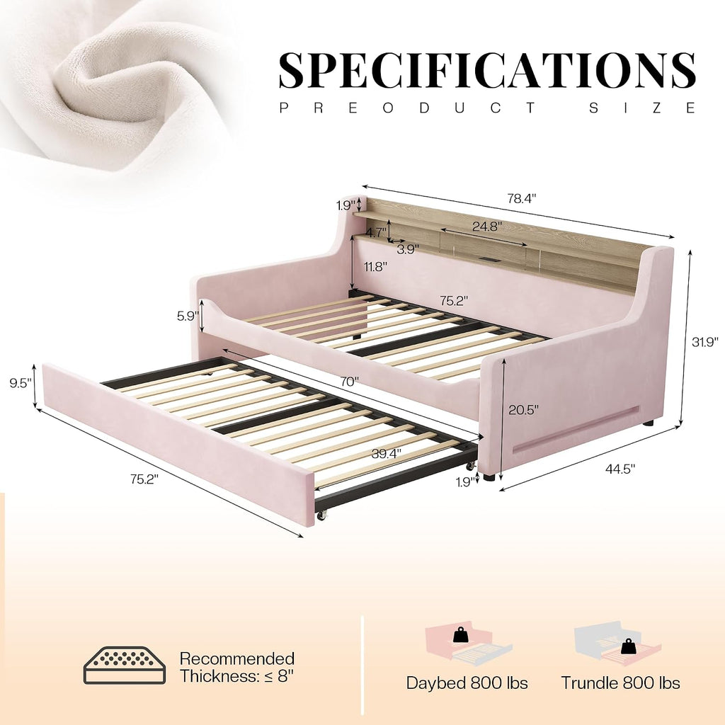 Twin Upholstered Daybed with Trundle and Charging Station, Pink | Storage Headboard, LED Bedside Light, USB Charging