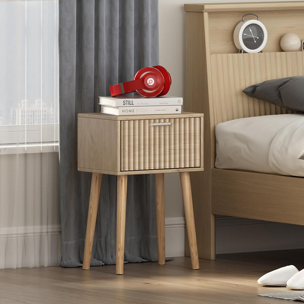Nightstands Set of 2, Small Side Table, Bedside Table with Fluted Door, Solid Wood Feet; Modern Mid-Century End Table