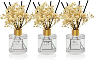 Reed Diffuser Pack,Clean Linen,Eucalyptus & Mint,Ocean Scented Oil Diffuser with 4 Sticks,Reed Diffusers Air - Set of 3